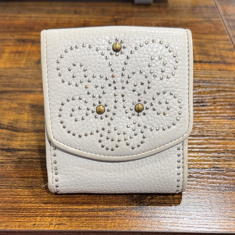 Brighton White Studded Leather Compact Wallet with Brass Accents